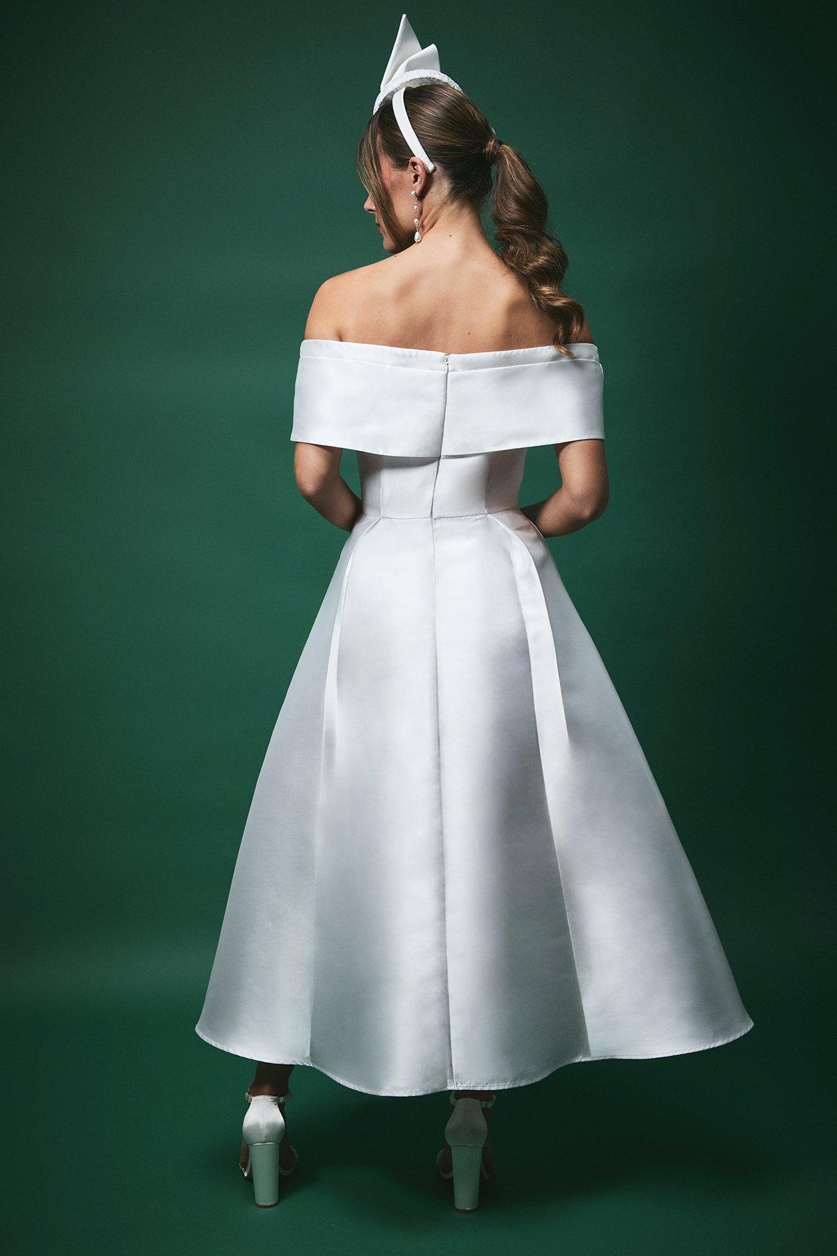 Tea Length Wedding Bardot Style Wedding Dress Elegant Mikado High