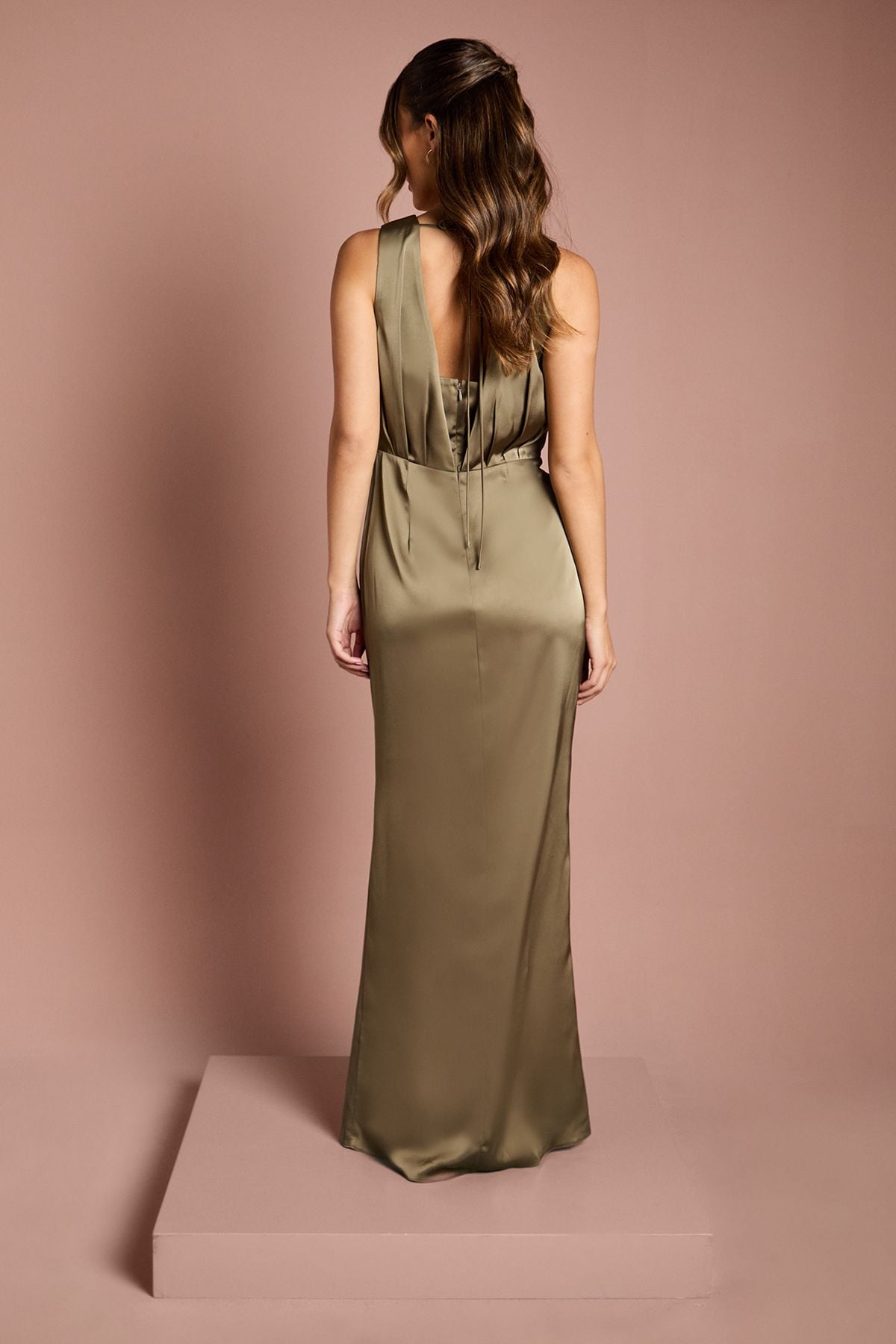 Coast Ruched Waist Detail Satin Bridesmaid Dress Olive image 3