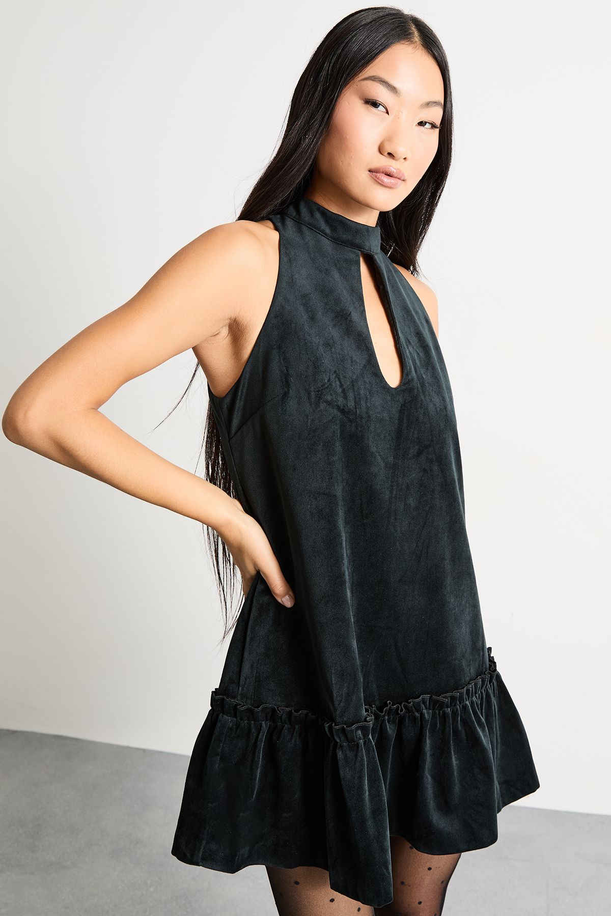 Warehouse Petite Bonded Velvet High Neck Mini Dress Black image 2