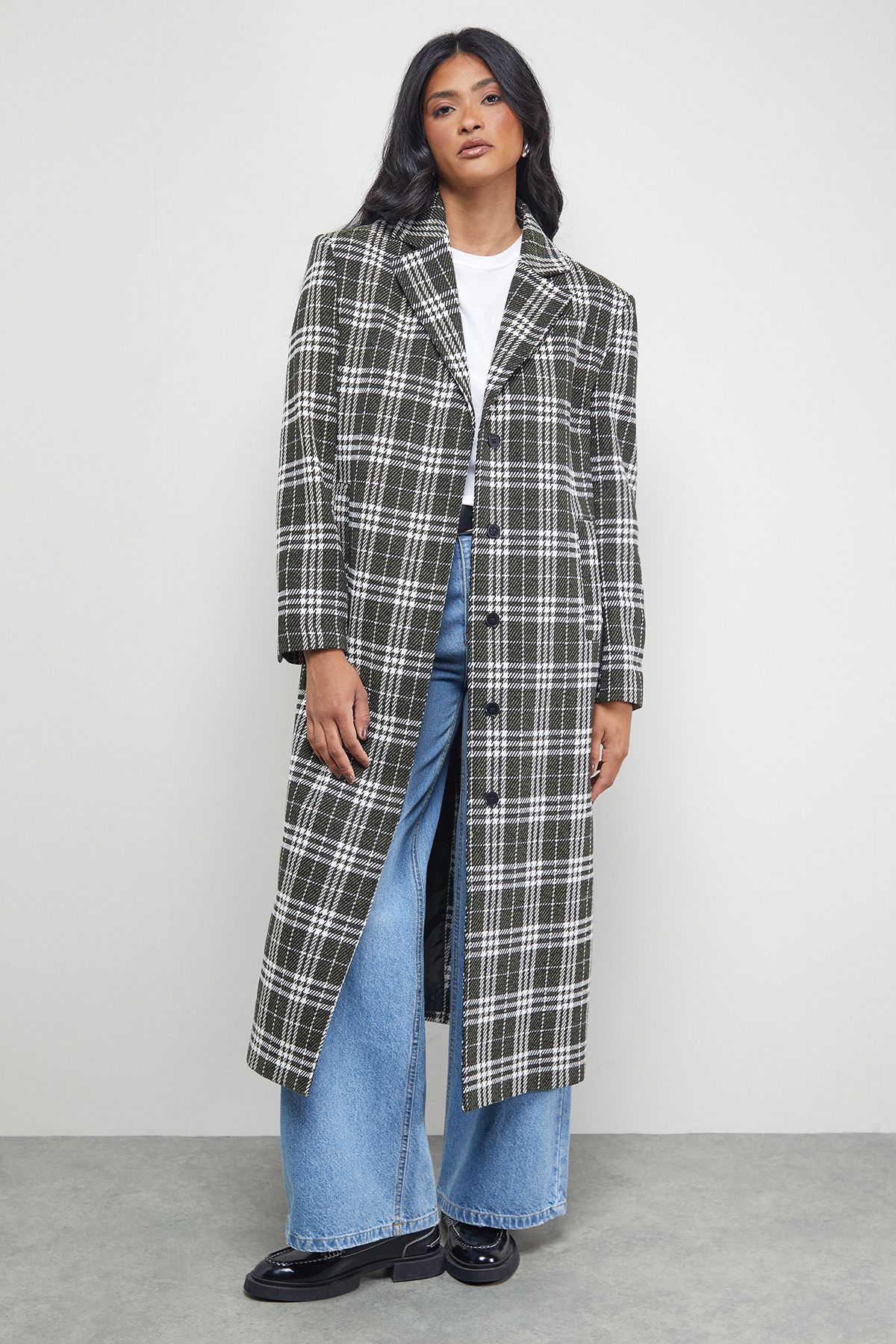 Warehouse Checked Oversized Maxi Coat Black