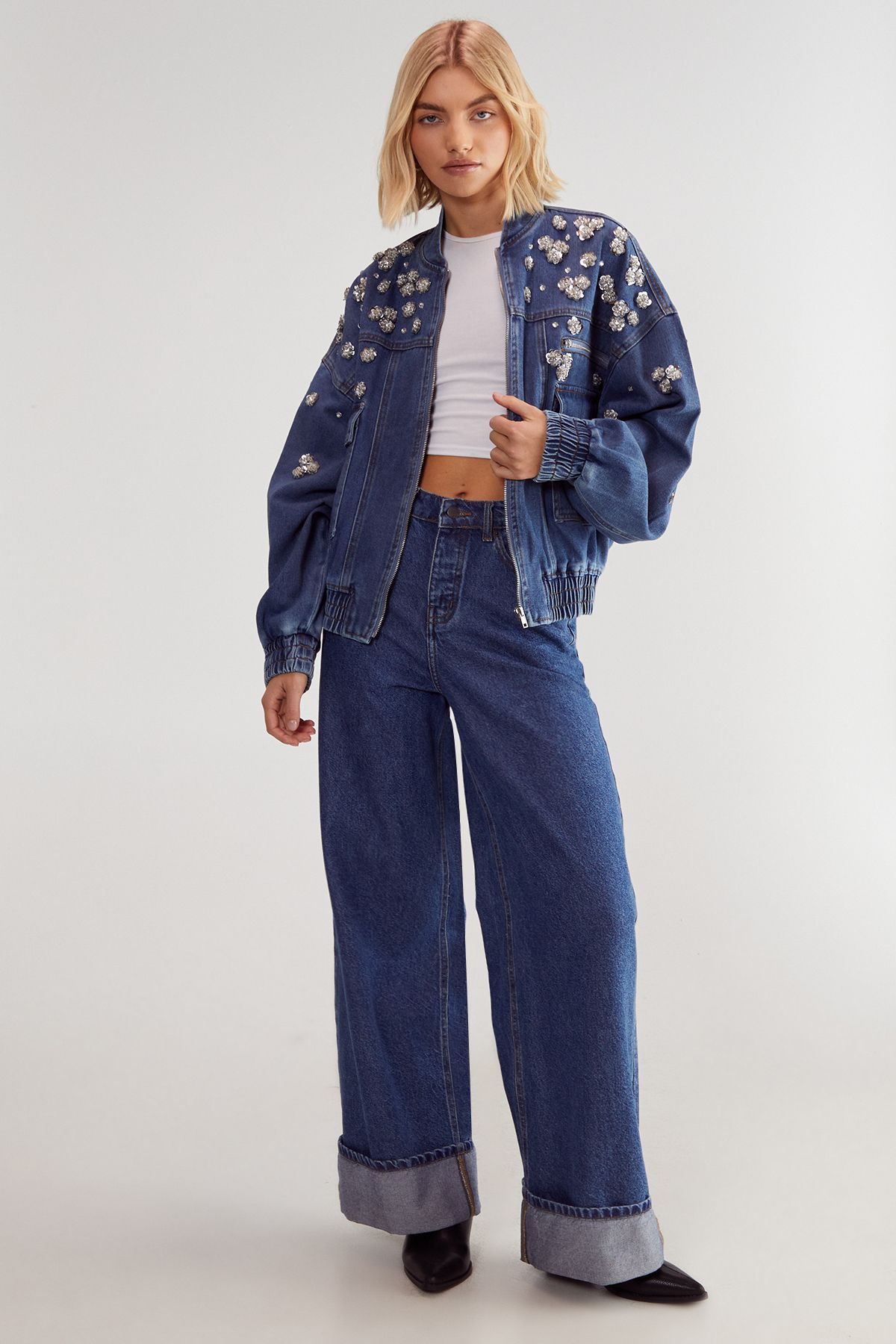 NastyGal Limited Embellished Flower Applique Jacket Authentic Denim image 2