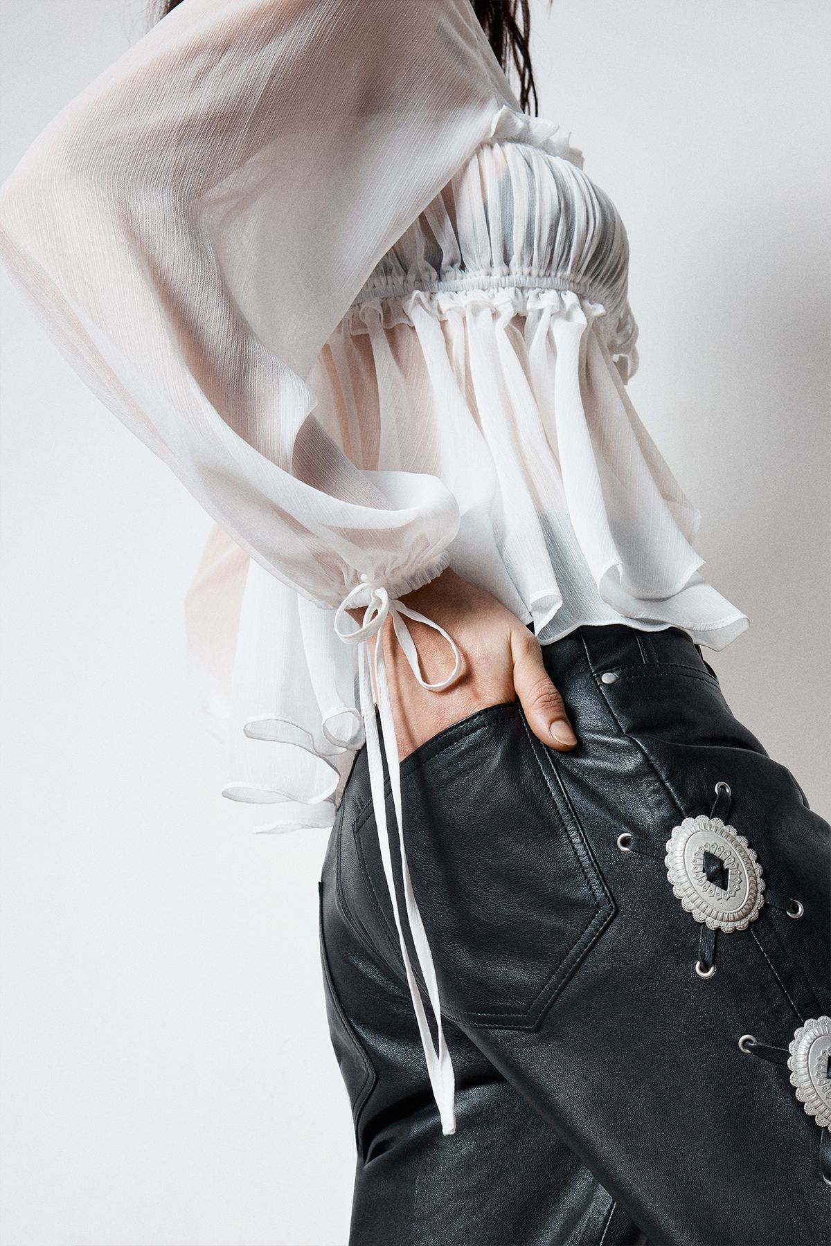 NastyGal Chiffon Ruched Tie Front Balloon Sleeve Top White image 3