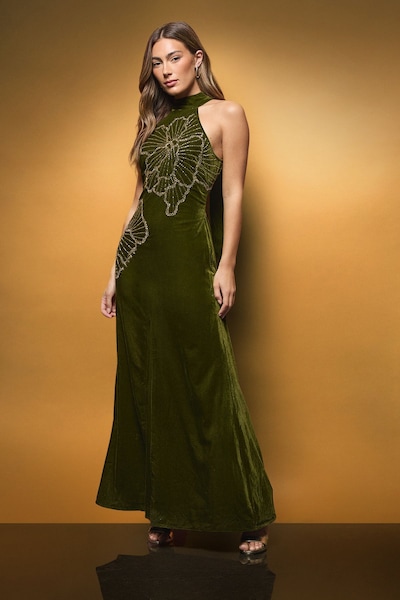 Coast Velvet Halter Neck Embellished Floral Maxi Dress Olive