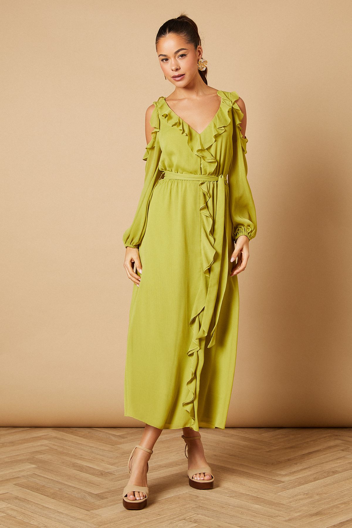 Oasis Cold Shoulder V Neck Belt Detail Midi Dress Green image 1