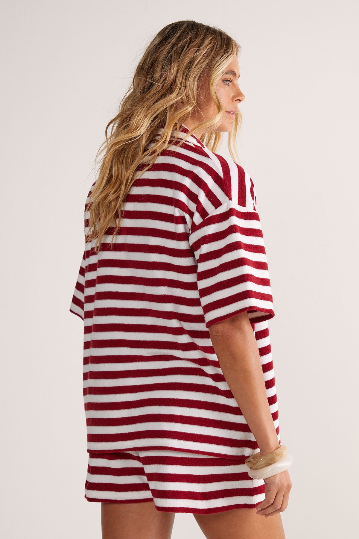 NastyGal Towelling Stripe Shirt and Shorts Beach Set Red image 4