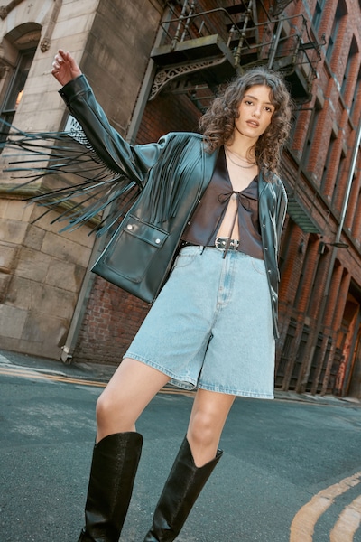 NastyGal Fringe Faux Leather Belted Jacket Black