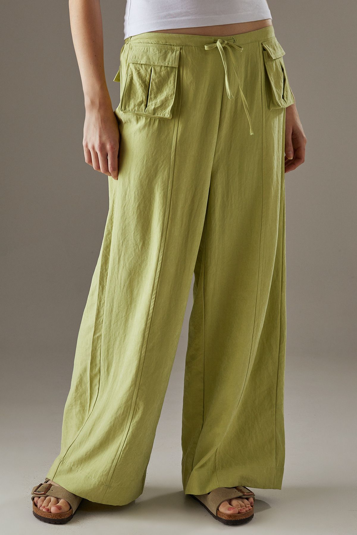 Warehouse Peach Satin Utility Pocket Wide Leg Trousers Apple Green image 2