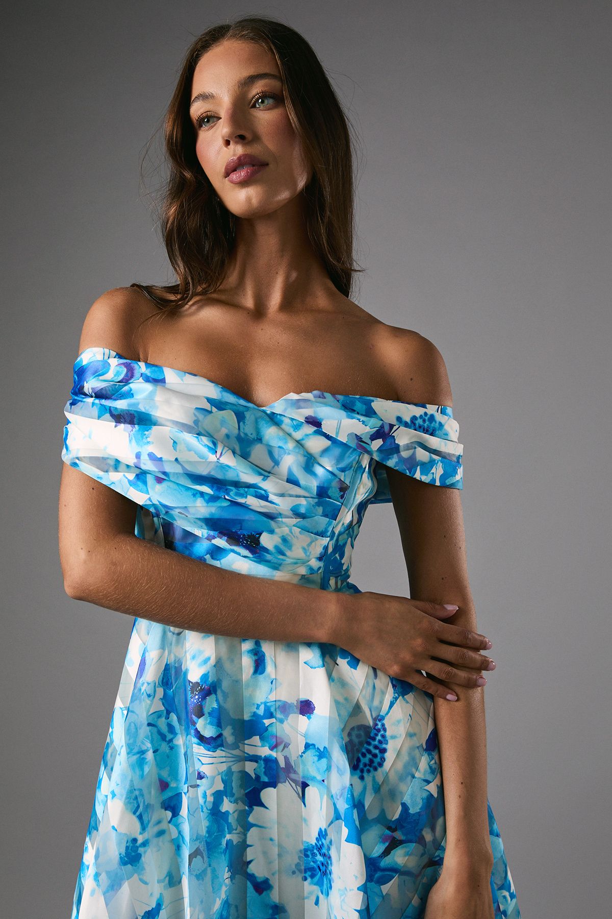 Coast Stripe Organza Pleated Top Floral Print Midi Dress Blue image 4