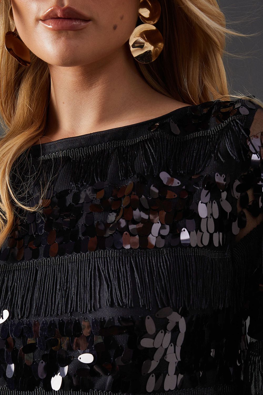 Warehouse Premium Lace Sequin Frill Tier Mini Smock Dress Black image 5