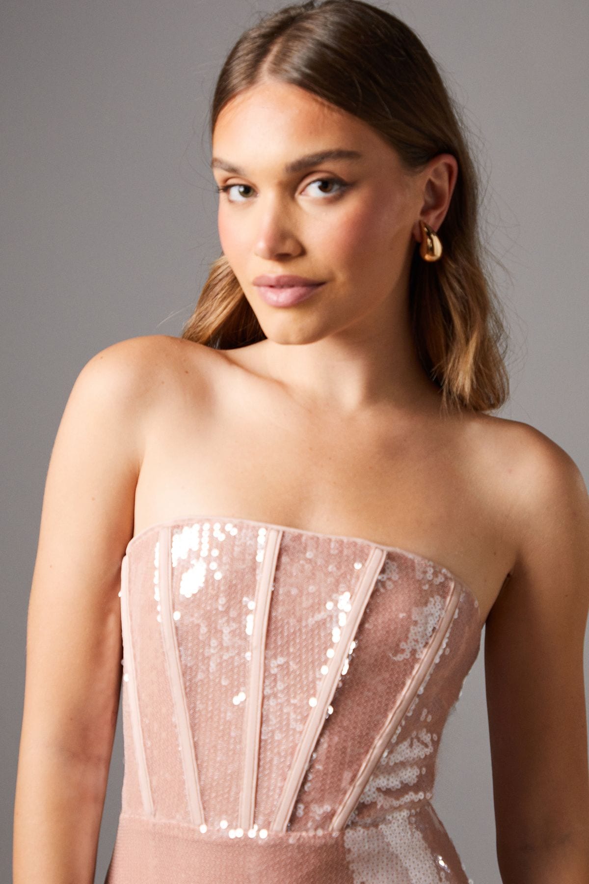 Coast Bandeau Corset Sequin Midi Dress Mink image 4