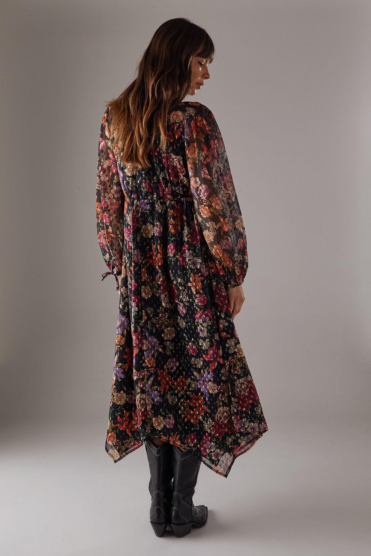 Warehouse Printed Metallic Chiffon Hanky Hem Midi Dress Floral image 3