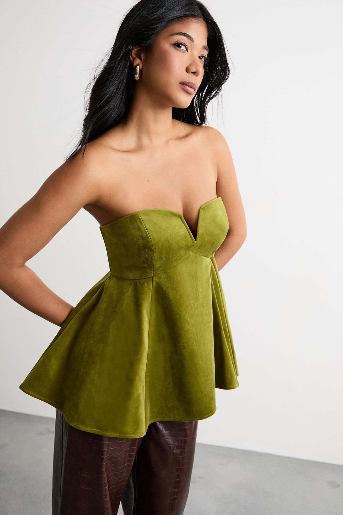 Warehouse Bonded Velvet Tailored Bustier Top Chartreuse image 2