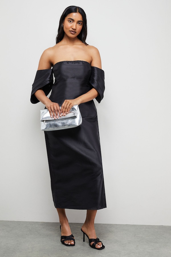 Warehouse Structured Puff Sleeve Bardot Midi Dress Black