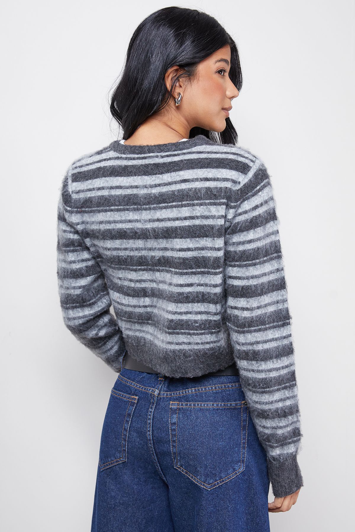Warehouse Fluffy Striped Cardigan Black image 3
