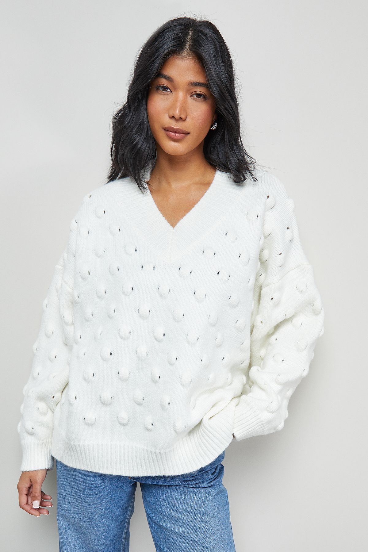 Warehouse Bubble Knit Slouchy V Neck Jumper Ivory image 1