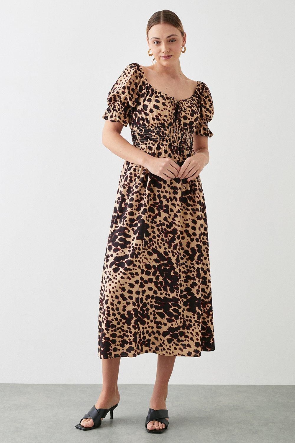 Dorothy Perkins Animal Printed Shirred Waist Midi Dress Black