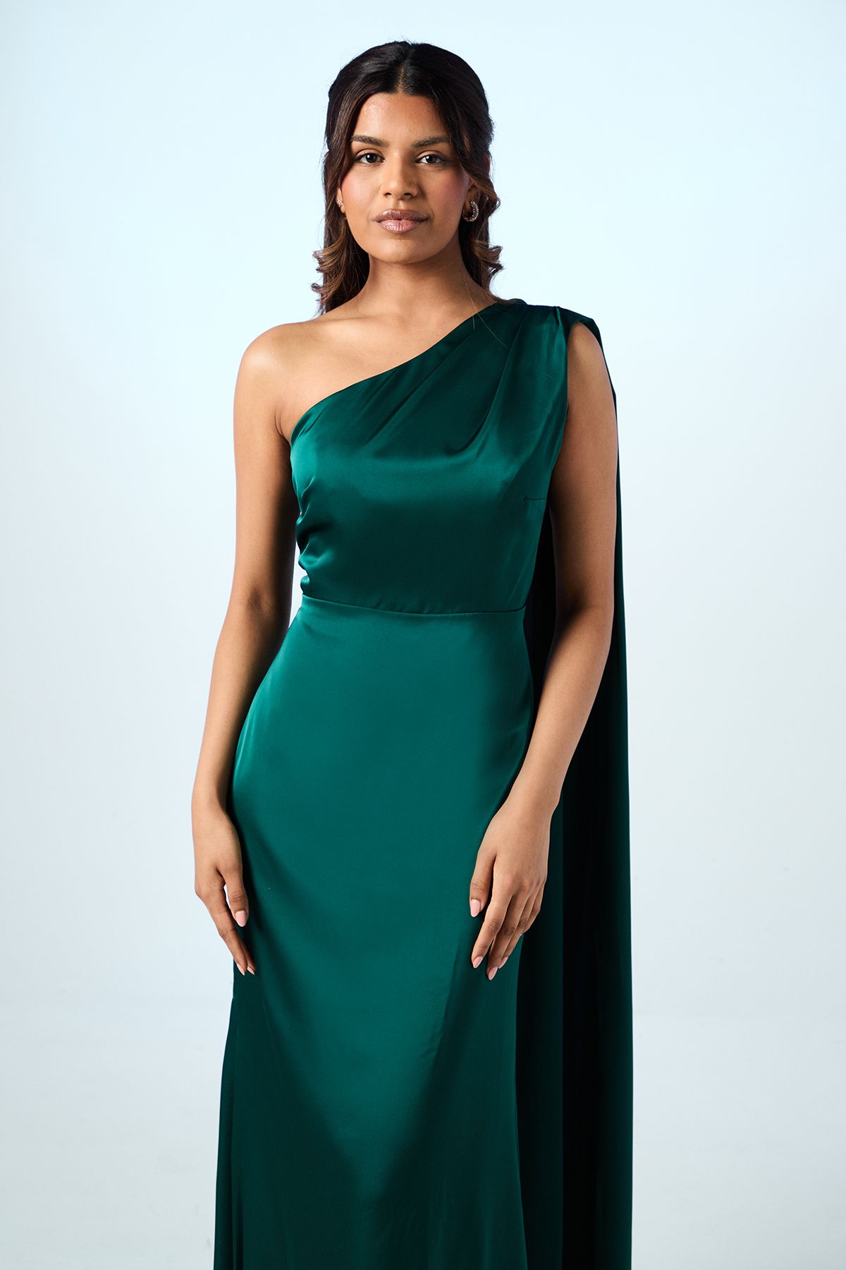 Coast Coast Honoured Petite Drape One Shoulder Satin Maxi Bridesmaid Dress Emerald image 2