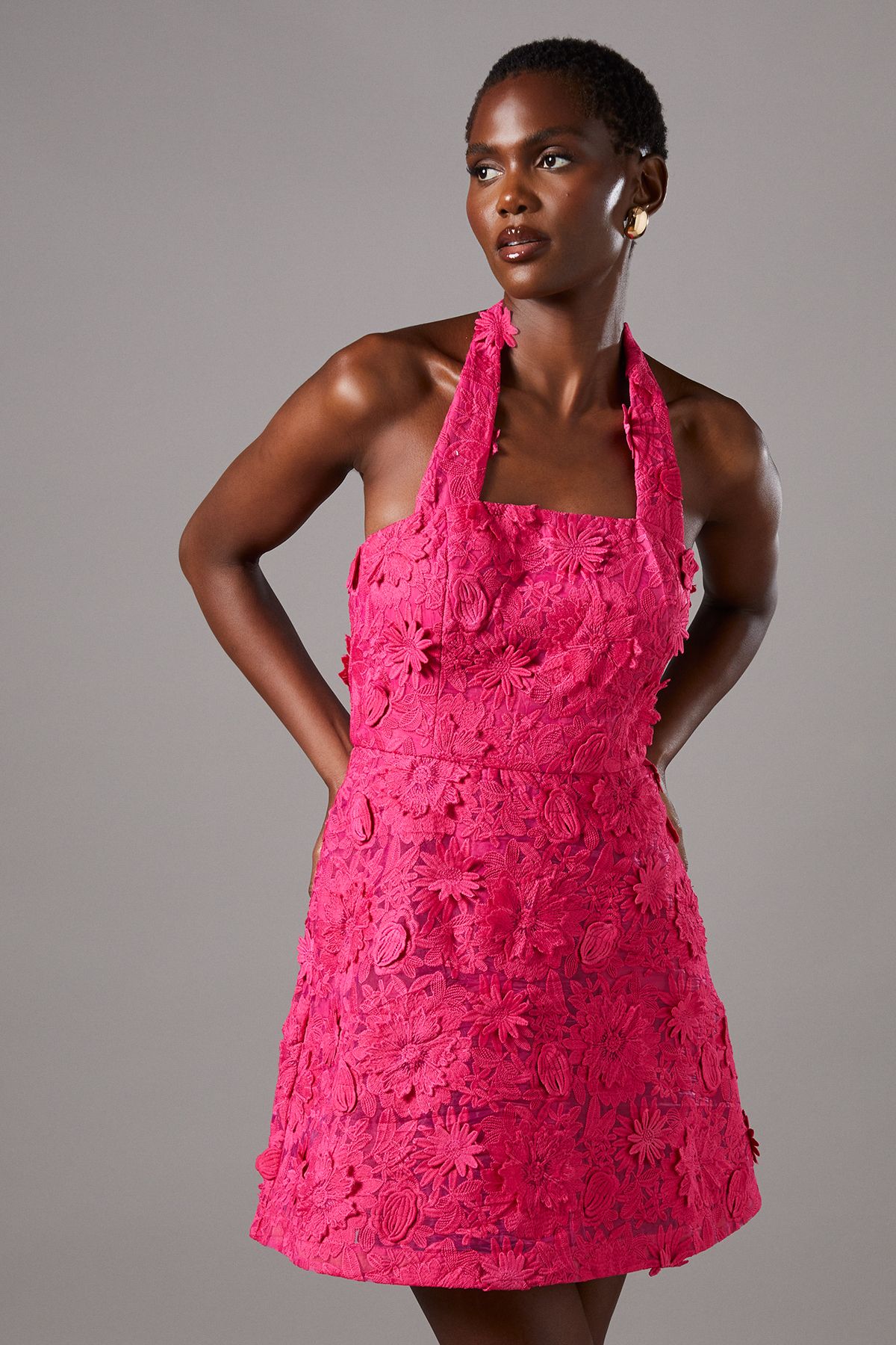 Coast 3D Floral Halter Neck Mini Dress Magenta image 1