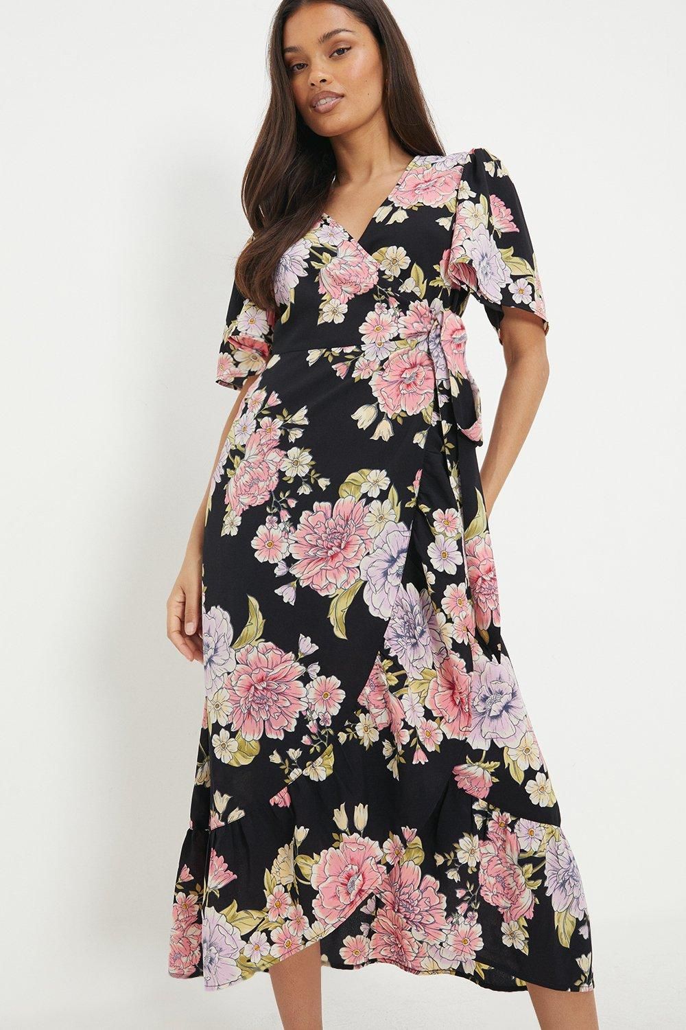 Dorothy Perkins Petite Floral Print Ruffle Angel Sleeve Wrap Midi Dress Black