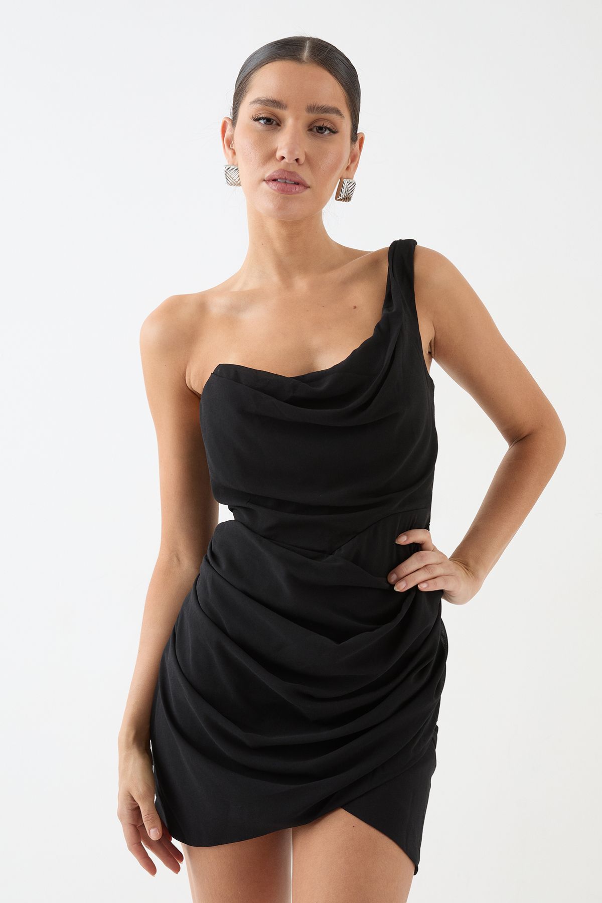 MissPap One Shoulder Drape Mini Dress Black image 1