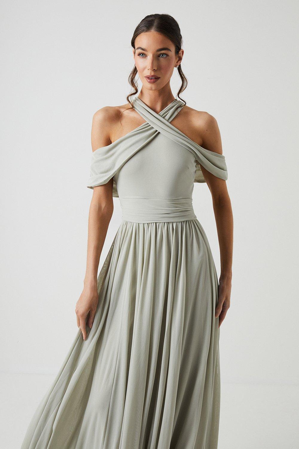 Coast Cross Neck Cold Shoulder Stretch Mesh Bridesmaid Dress Sage image 2