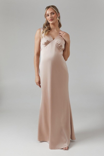 Coast Maternity Bow Back V Neck Satin Bridesmaid Dress Mocha