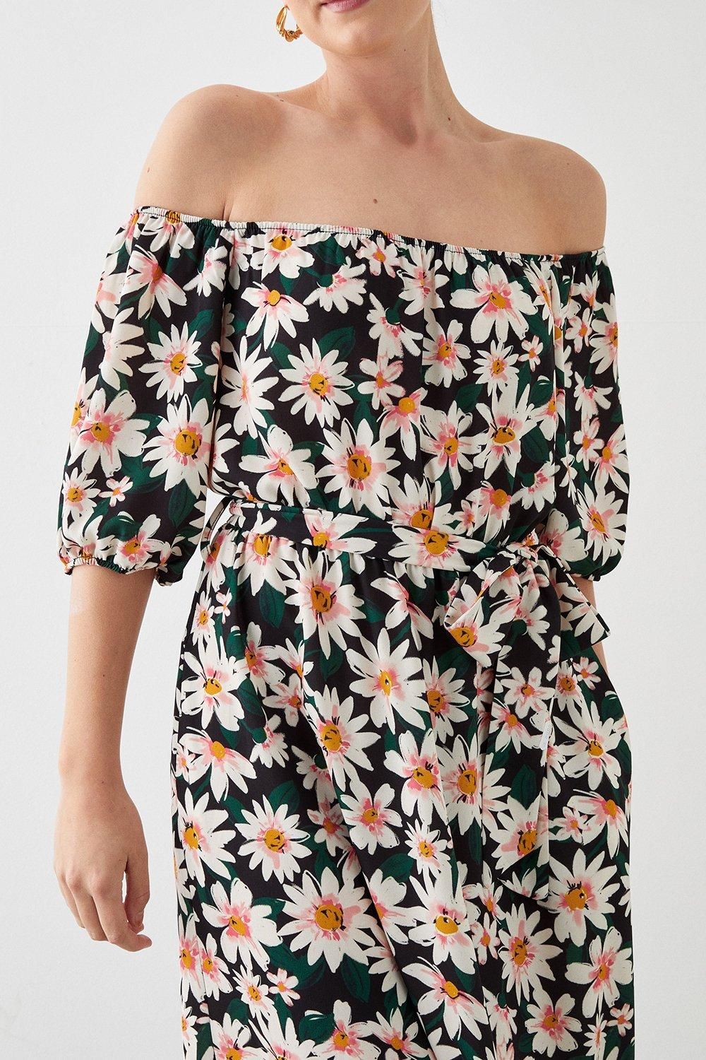 Dorothy Perkins Tall Daisy Print Frill Hem Bardot Dress Black image 2
