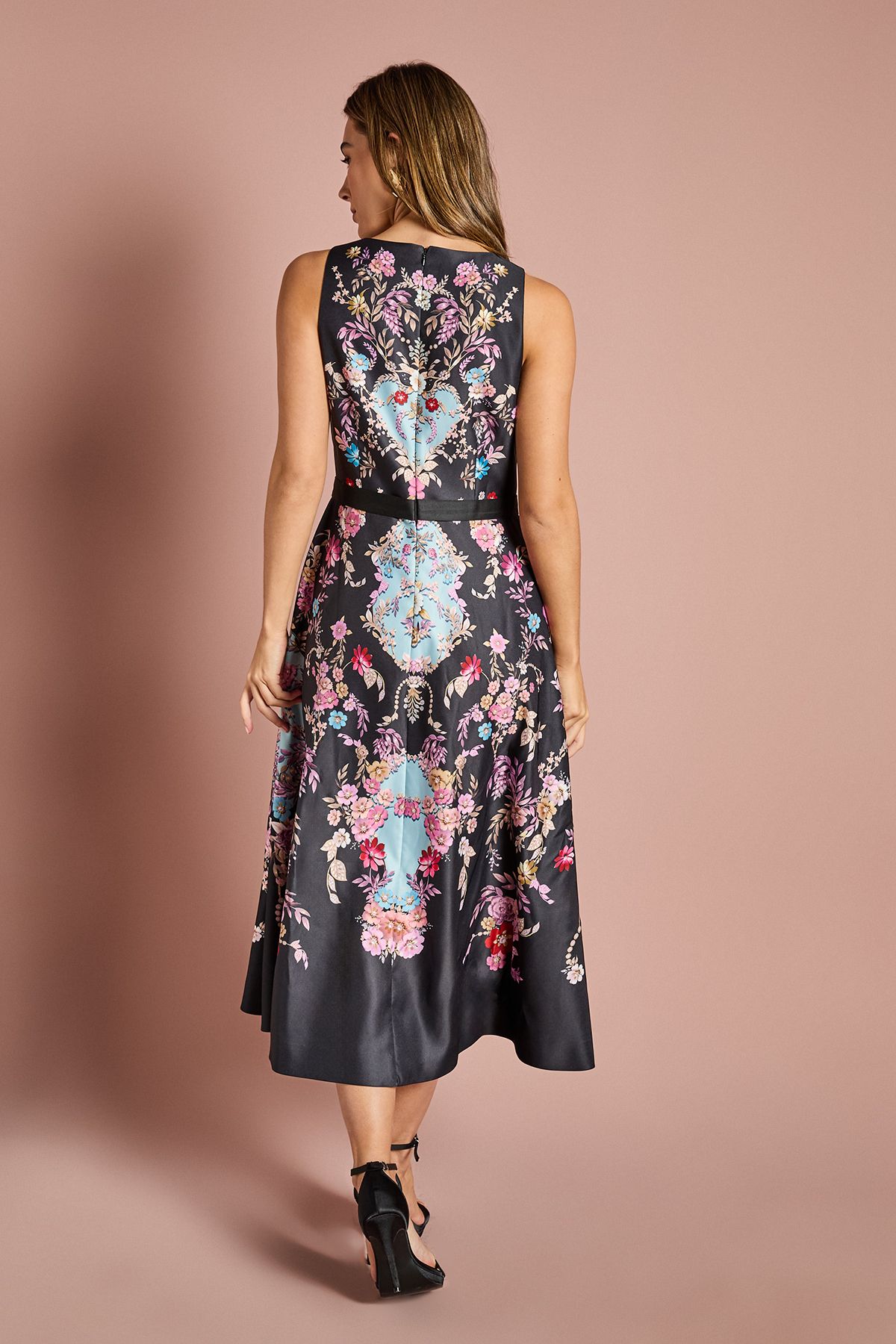 Coast V Neck Placement Print Full Skirted Midi Dress Black image 3