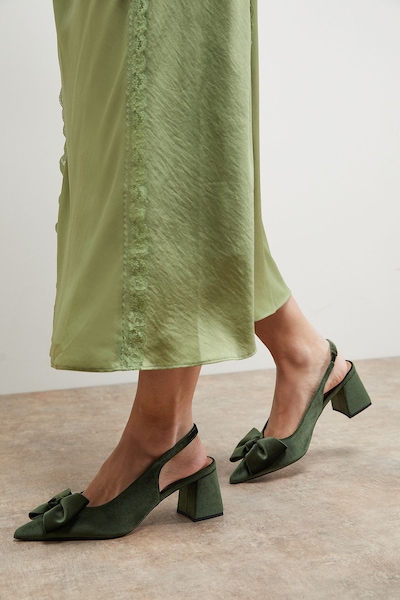 Oasis Seala Velvet Bow Slingback Medium Block Heel Court Shoes Olive