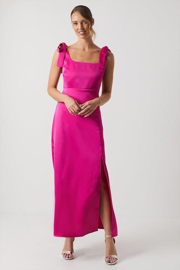 Oasis Satin Tie Shoulder Midi Bridesmaids Dress Bright Pink