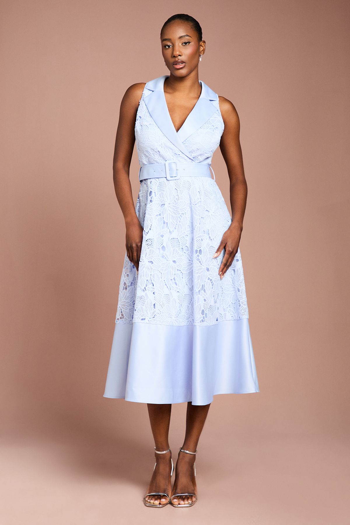 Coast Lace Sleeveless Satin Contrast Midi Shirt Dress Cornflower Blue