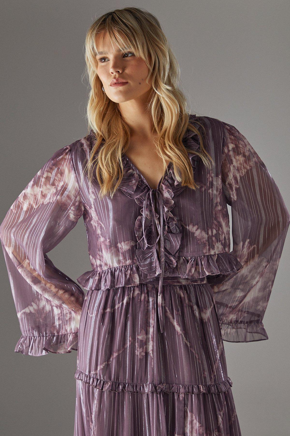 Warehouse Metallic Chiffon Ruffle Tie Front Flared Sleeve Blouse Mauve