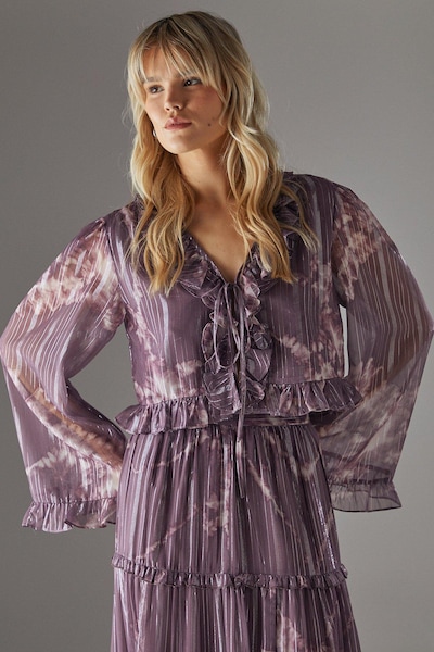 Warehouse Metallic Chiffon Ruffle Tie Front Flared Sleeve Blouse Mauve