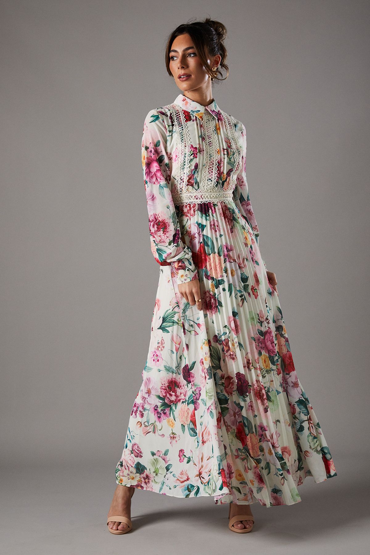 Coast Pleated Lace Trim Midi Dress Multi