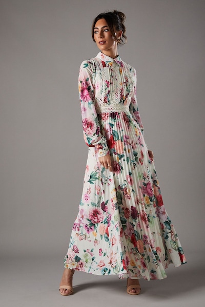 Coast Pleated Lace Trim Midi Dress Multi