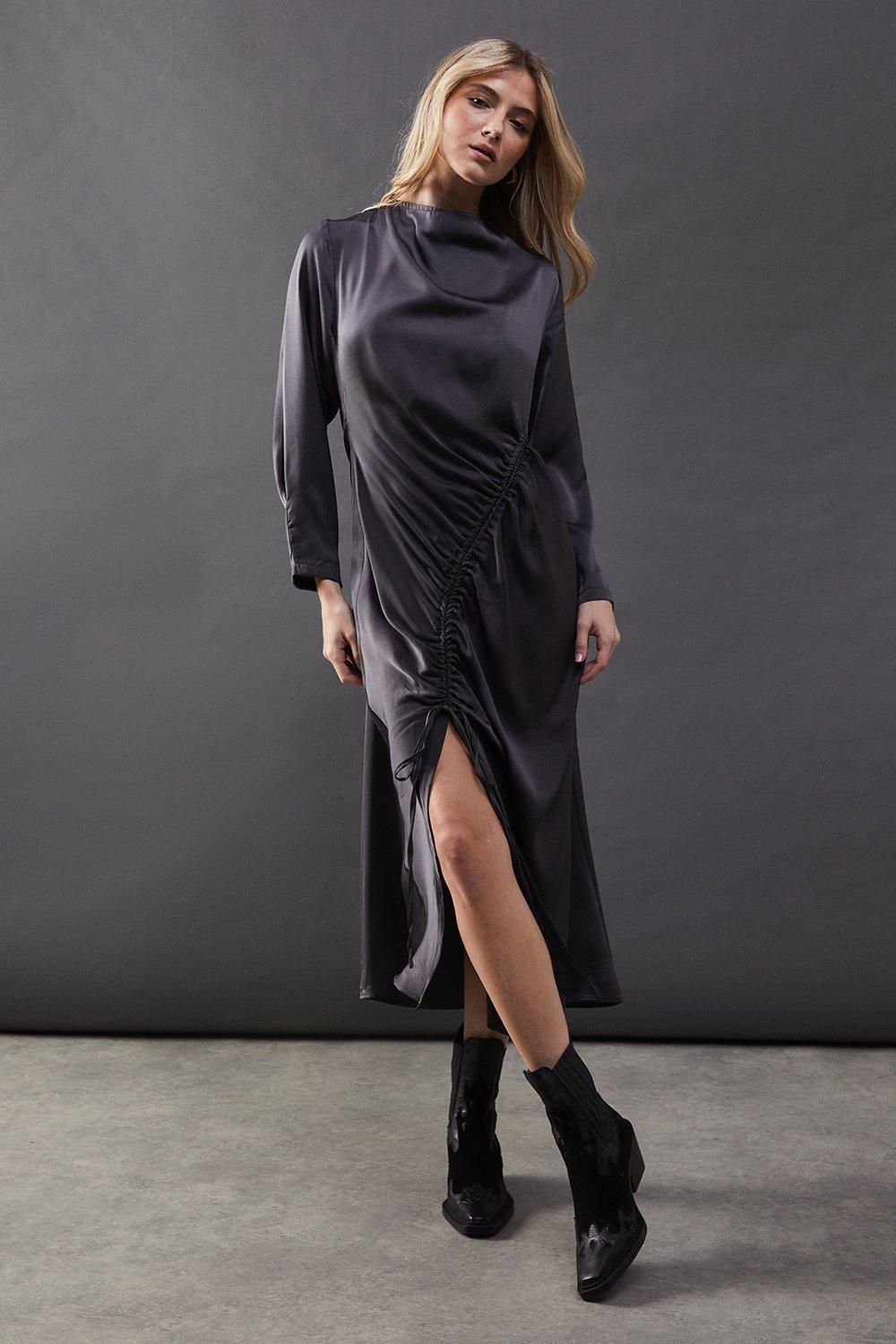 Warehouse Satin Drawstring Detail Midi Dress Charcoal image 1