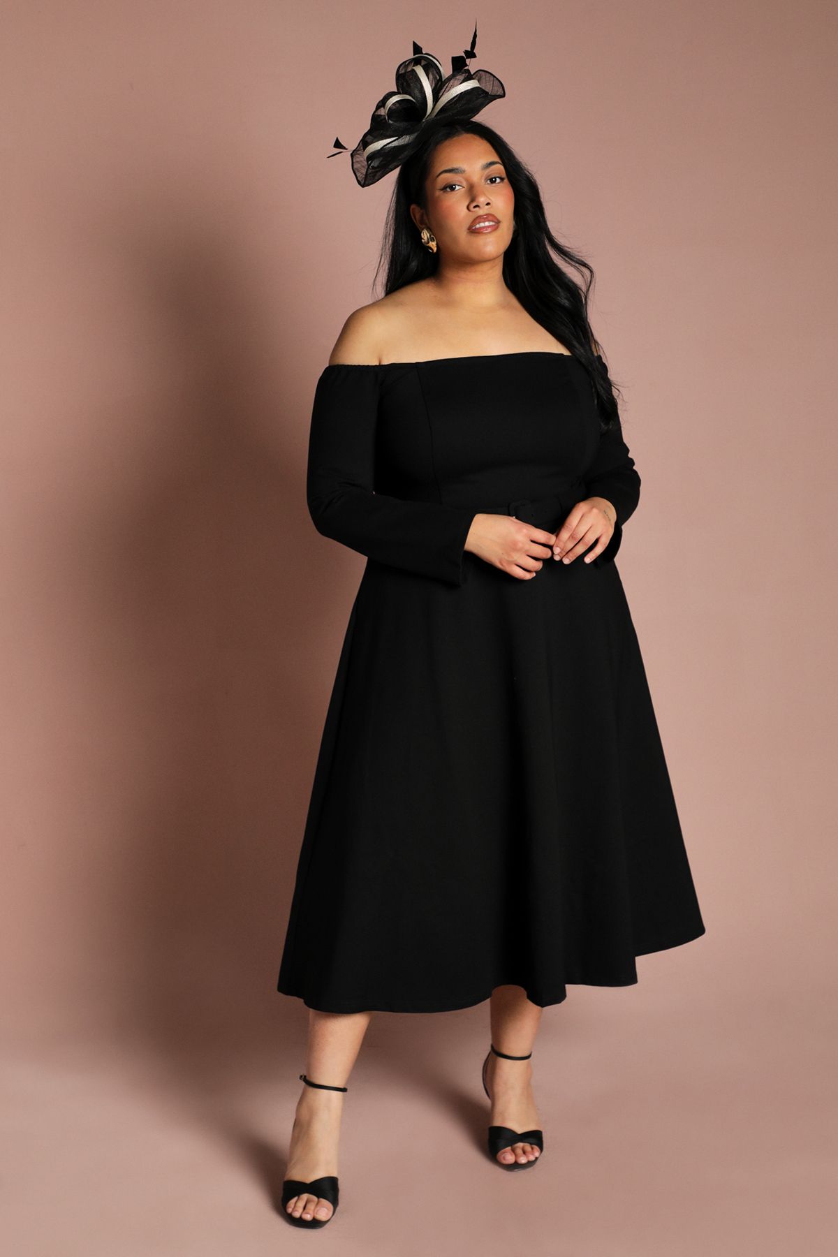 Coast Plus Long Sleeve Bardot Full Skirted Ponte Midi Dress Black