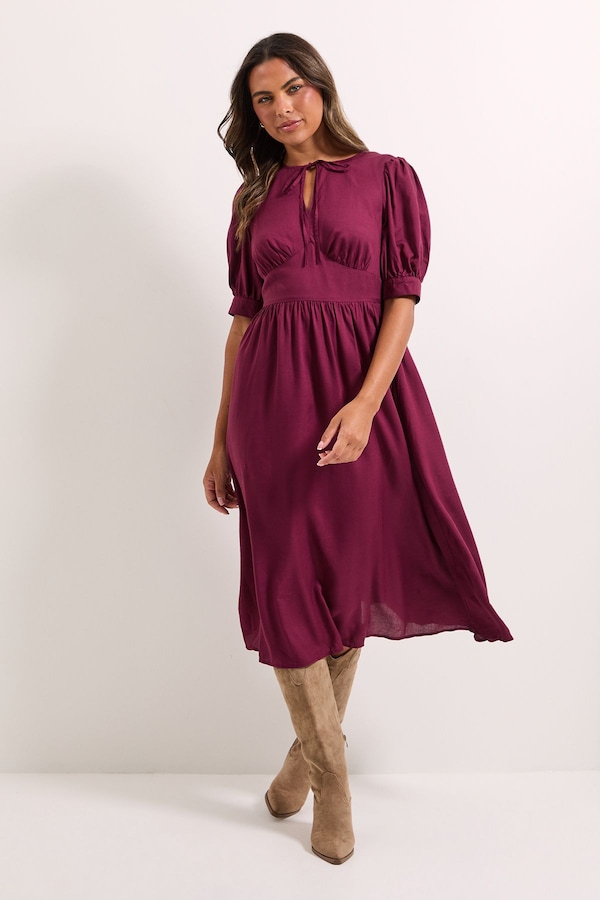 Dorothy Perkins Tie Neck Empire Seam Puff Sleeve Midi Dress Plum