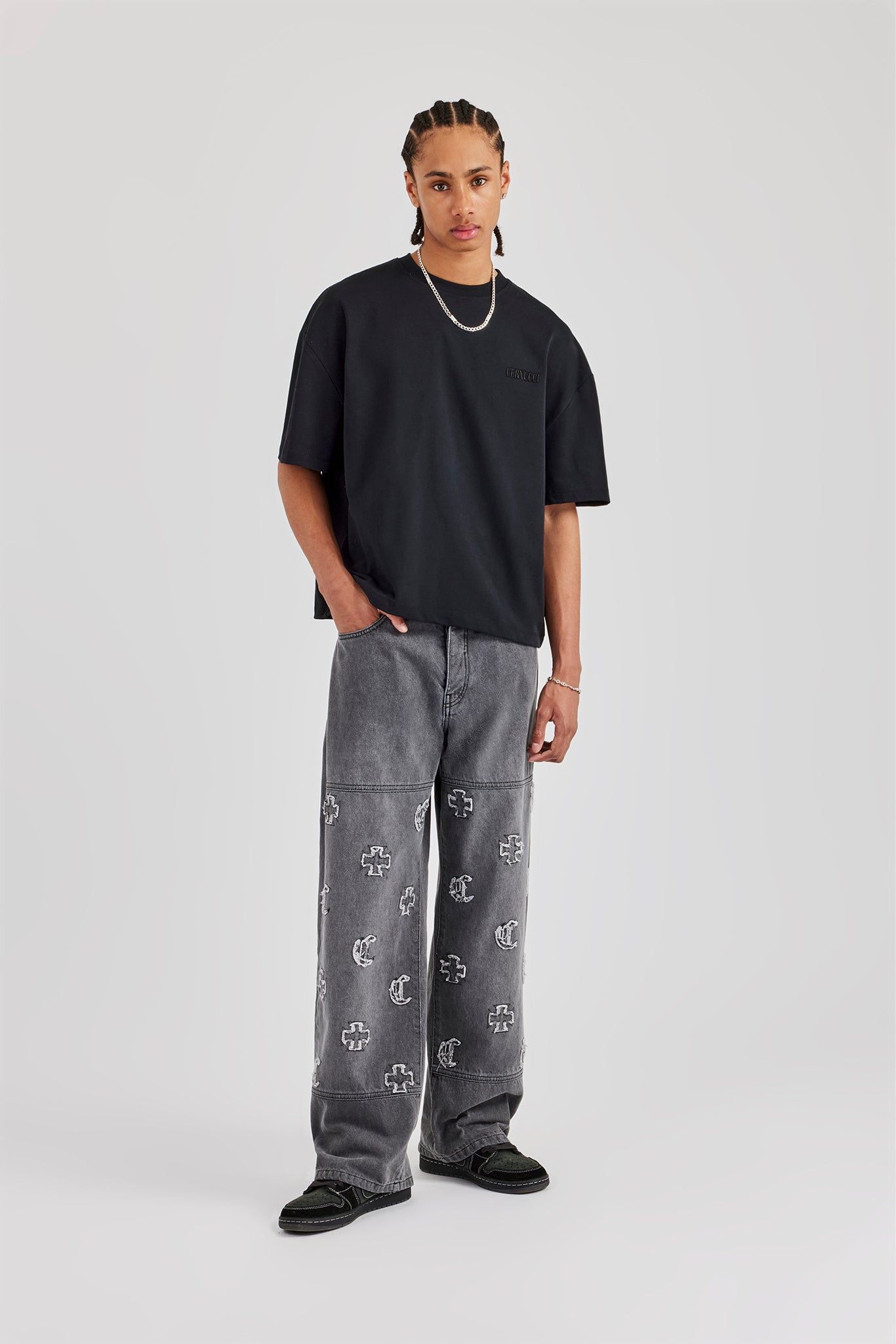 Cernucci Applique Motif Baggy Fit Jean - Washed Grey image 4