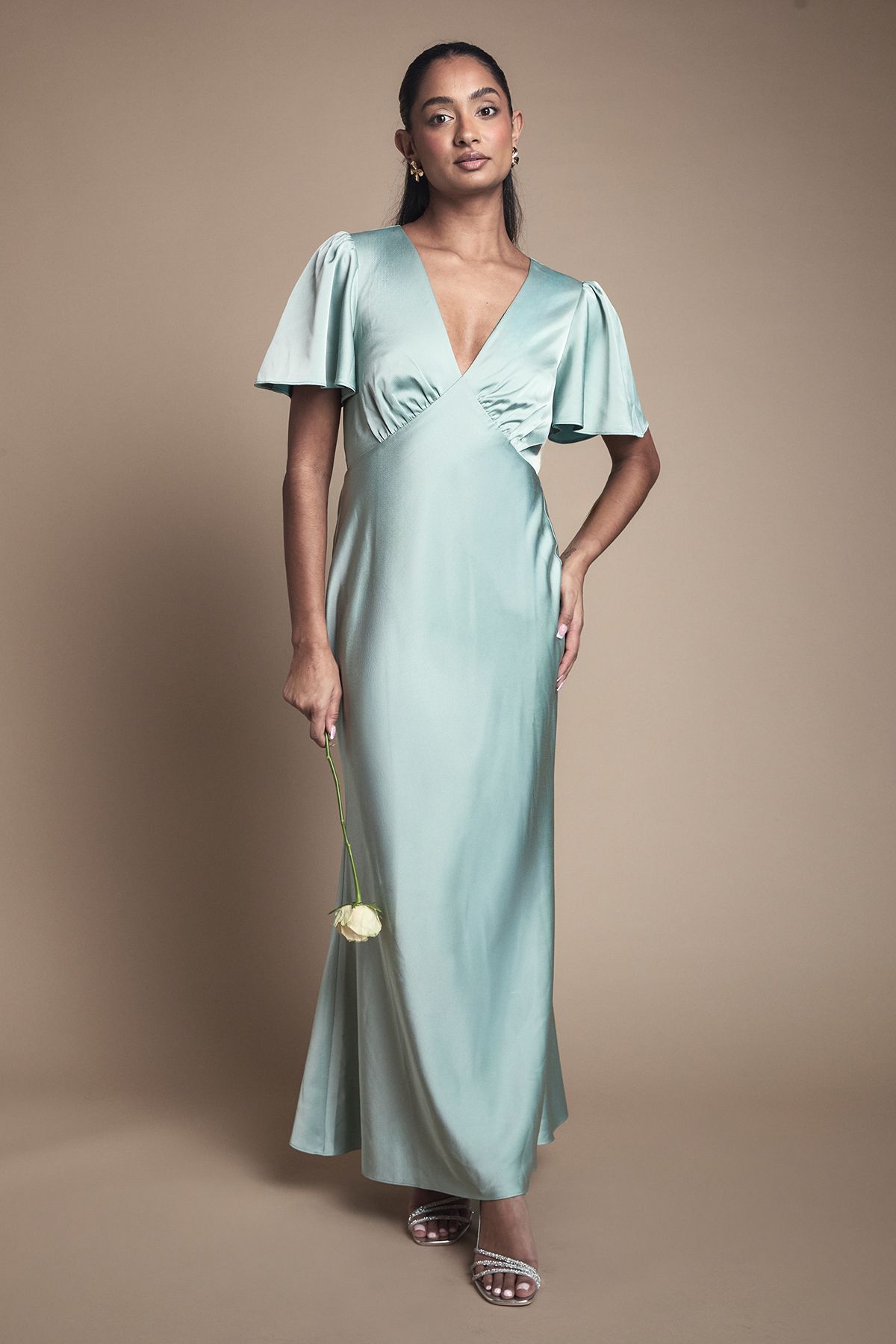 Oasis Deep V Fluted Sleeve Maxi Bridesmaid Dress Sage image 1