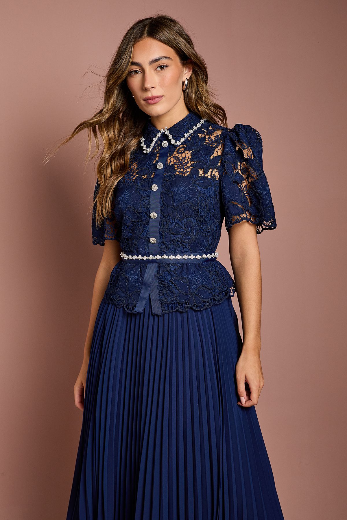 Coast Lace Top Pleat Skirt Jewel Button Dress Navy image 2