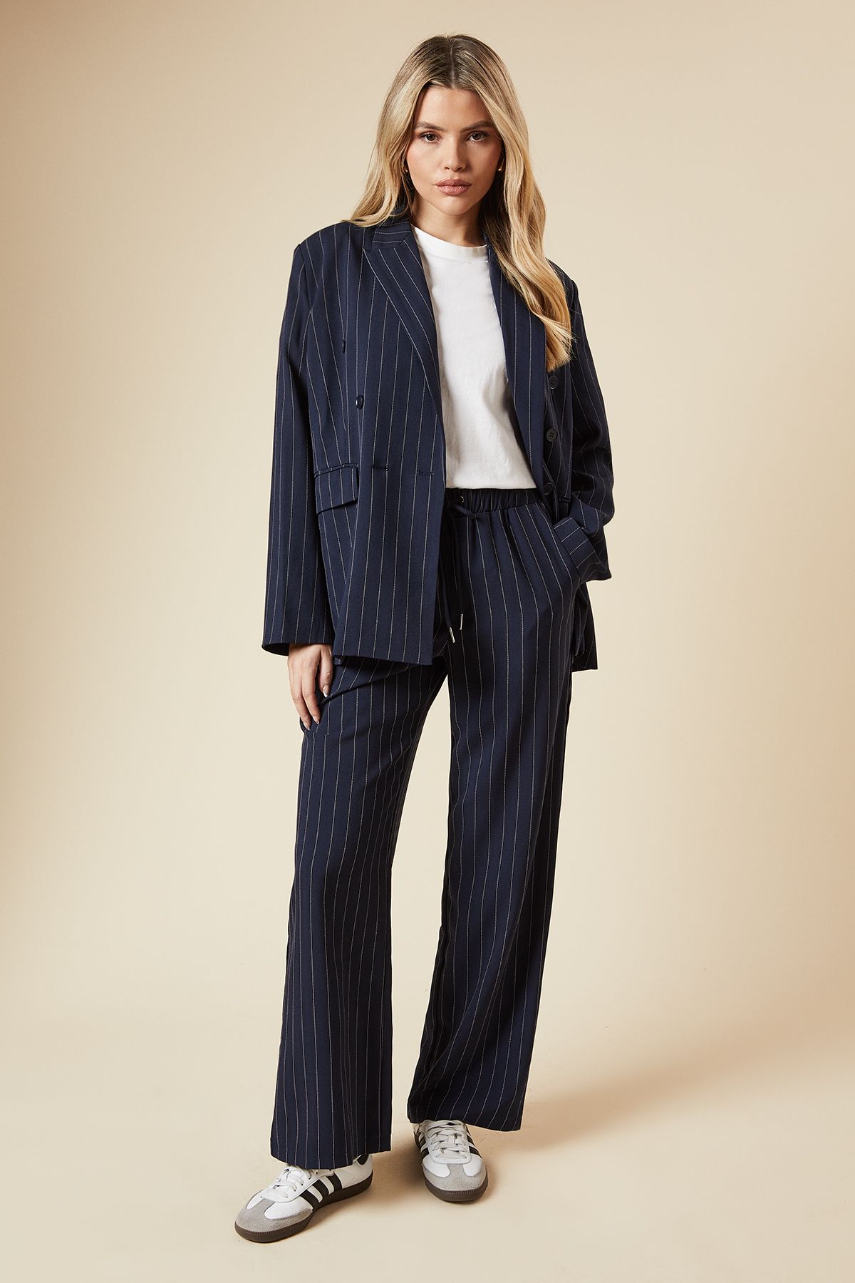 Dorothy Perkins Elasticated Waist Wide Leg Stripe Trouser Navy