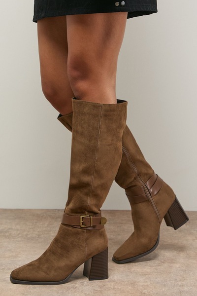 Oasis Tabitha Faux Suede Buckle Detail Square Toe High Block Heel Boot Taupe