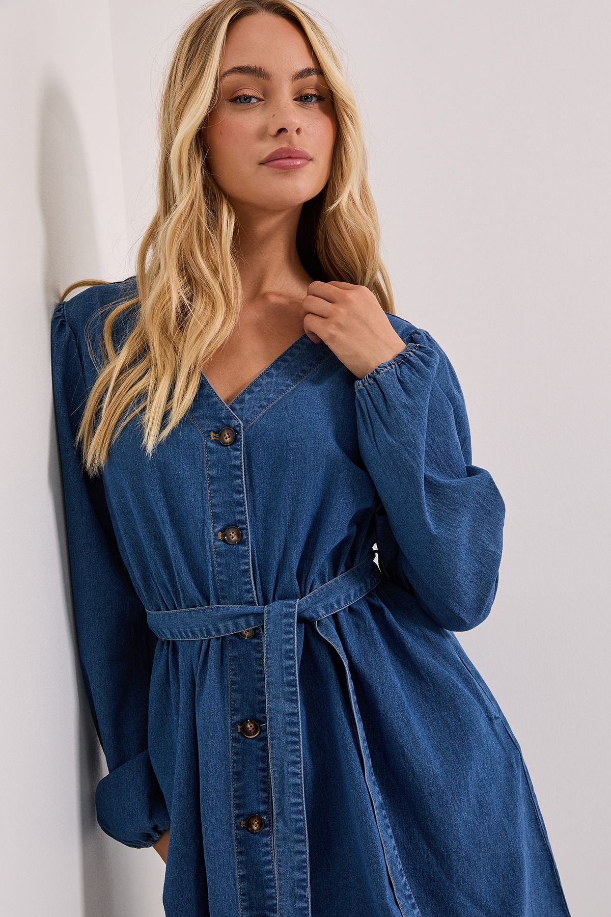 Dorothy Perkins Button Front Belted Denim Mini Dress Mid Wash image 4