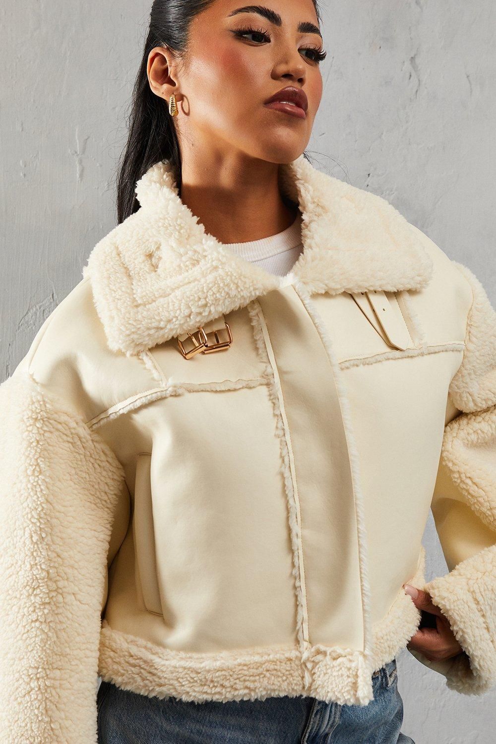 MissPap Borg Buckle Detail Cropped Aviator Jacket Cream image 2