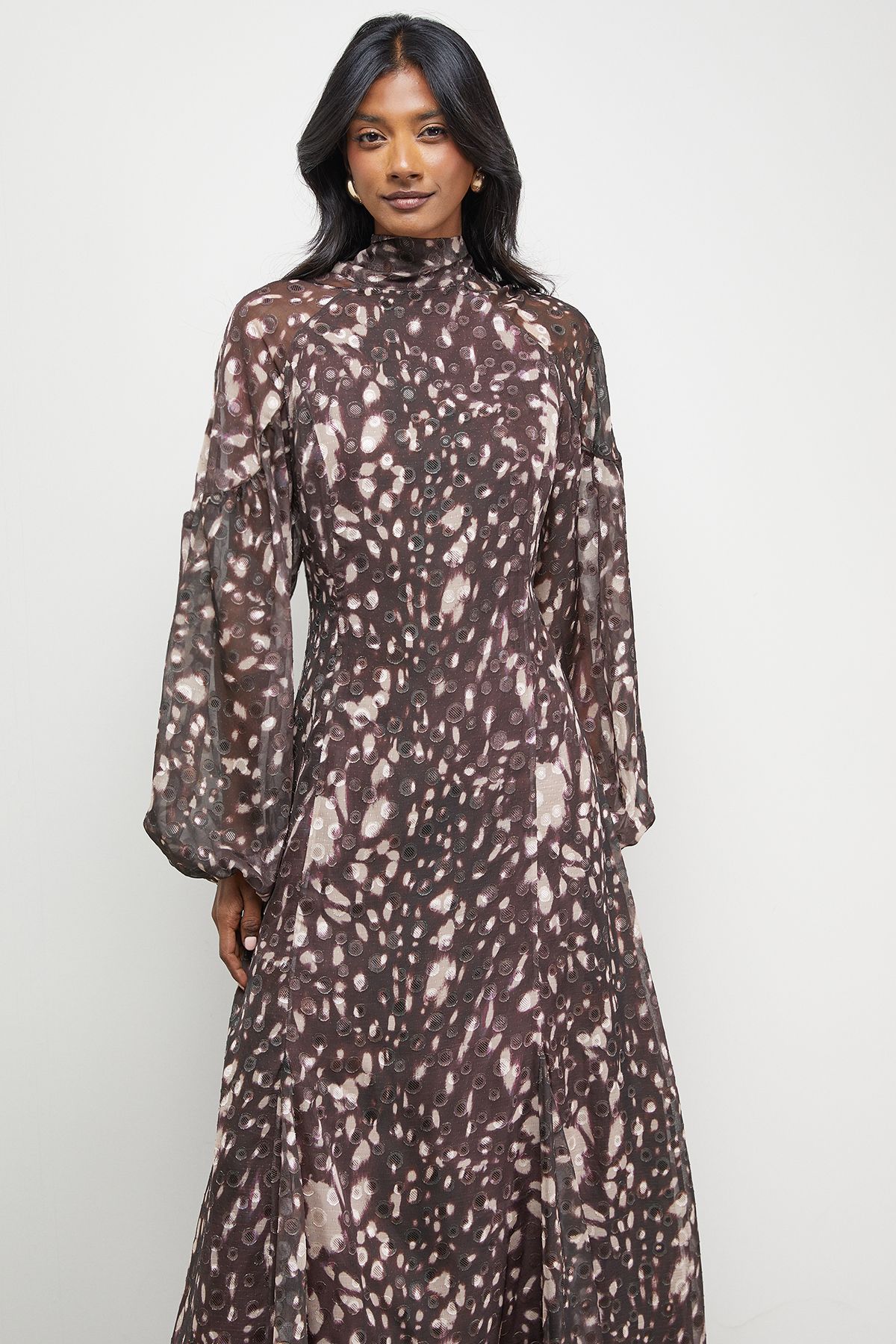 Warehouse Paisley Burnout Spot High Neck Godet Midi Dress Floral image 4