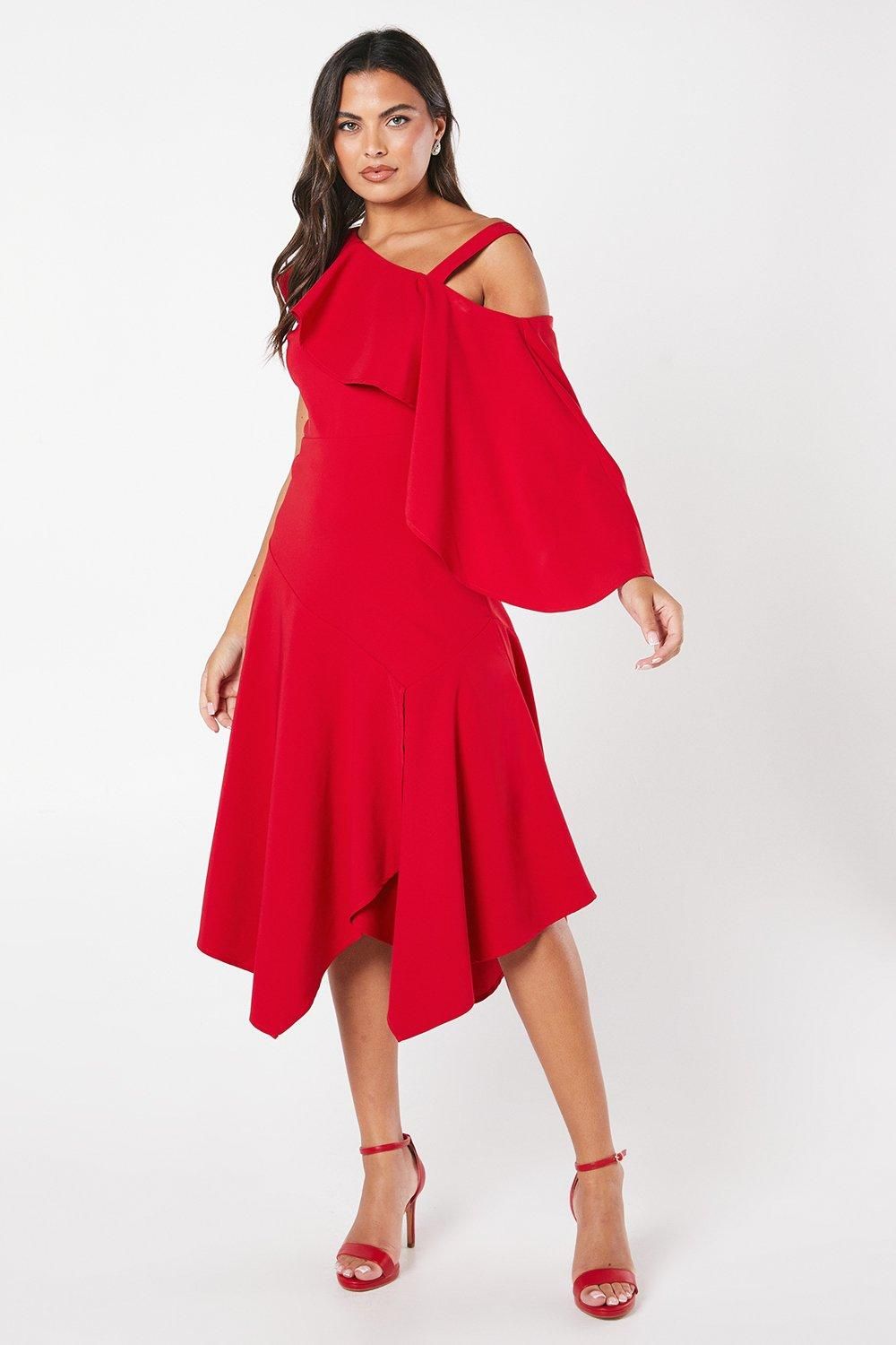 Coast One Shoulder Ruffle Crepe Midi Dress Red