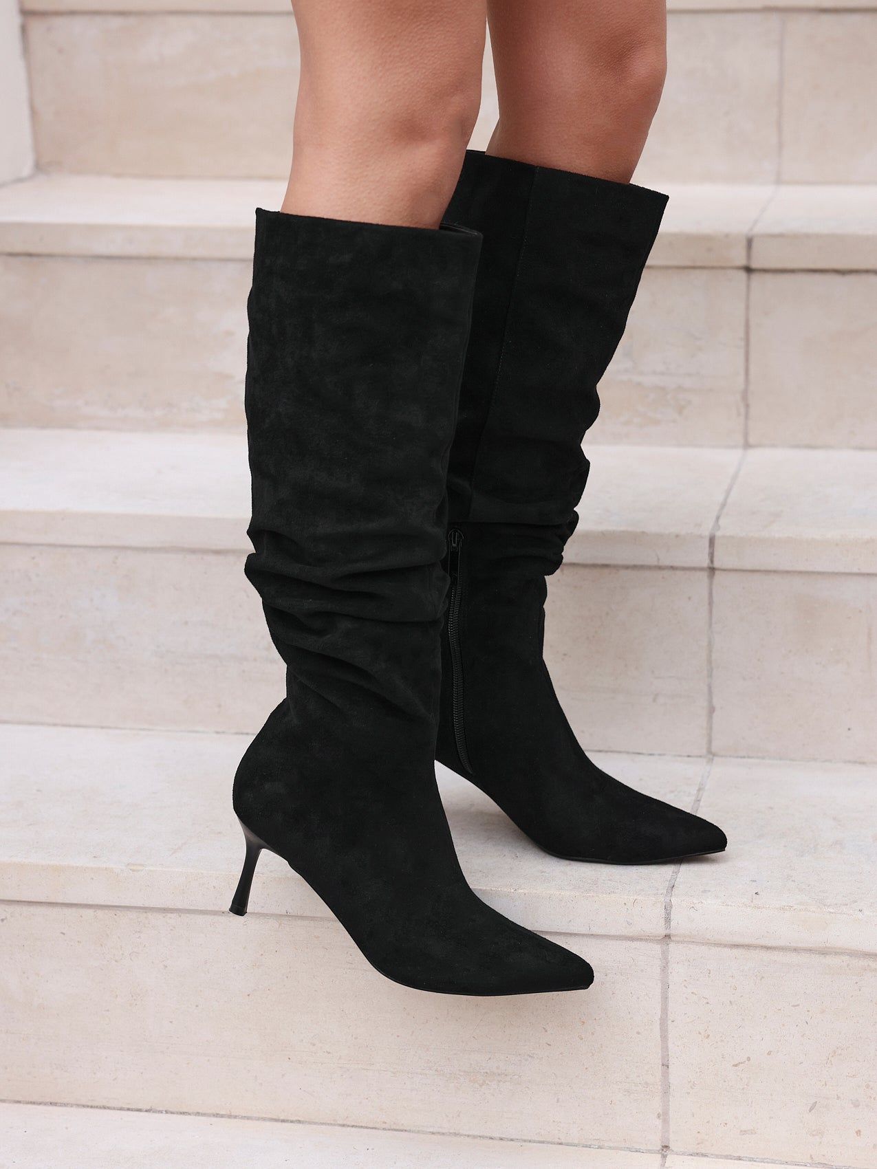 Linzi Rosenna Black Faux Suede Ruched High Leg Heeled Boot image 6