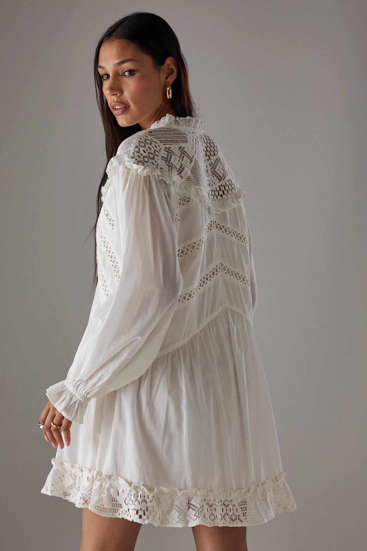 Warehouse HCD Cotton Lace Insert Mini Smock Dress Cream image 3