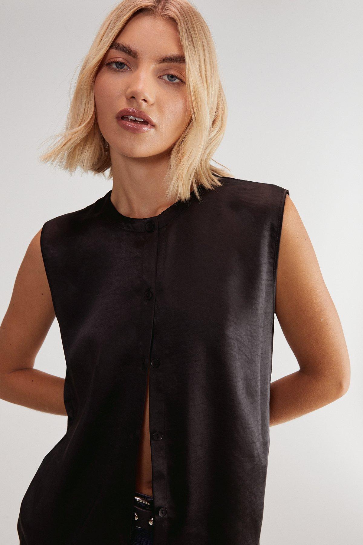 NastyGal Textured Satin Button Through Collarless Vest Black image 1